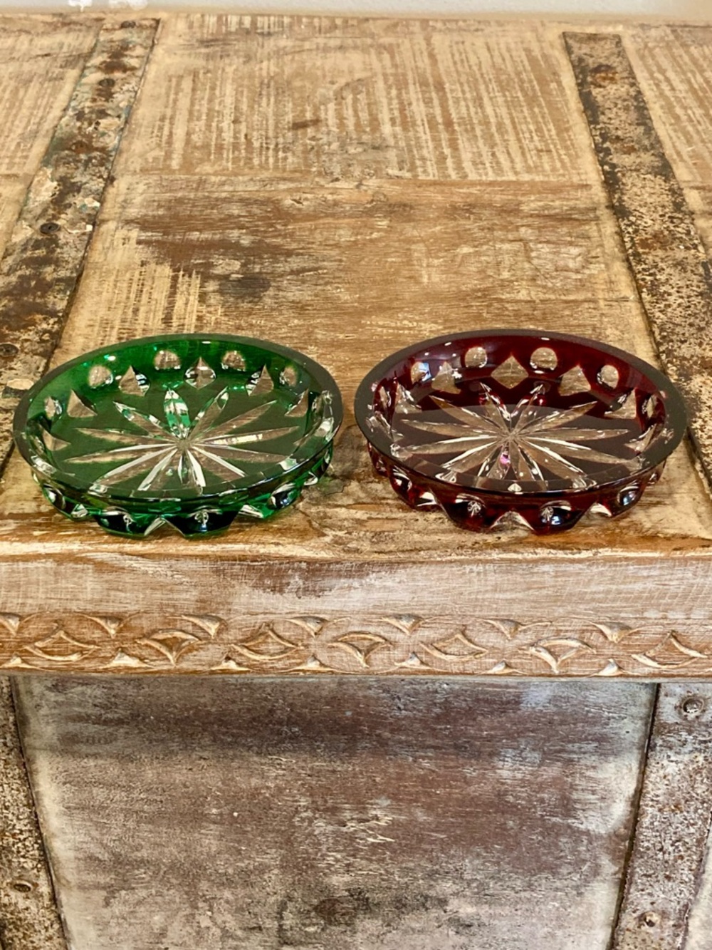 Faberge Xenia Drink Coasters Cut Crystal Red and Green with Starburst Pattern - Picture 5 of 16